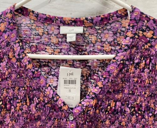 J Jill Top Shirt Damen Small Lila Rosa Blumen Gesmokt Knopfleiste Stretch - Bild 3 von 23
