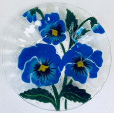 Vtg Purple Pansy Flower Fused Art Glass Small Ruffled Trinket Bowl Signed 5.75&rdquo;