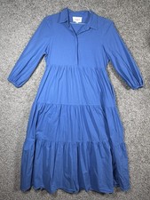 Pomander Place Mabel Cyprus Blue Tiered Maxi Dress Long Sleeve Collared Size S