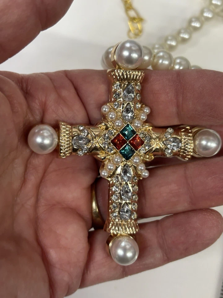 Collar Cruz Piedras Perlas Oro Perlas 18”+2” Palacio Declaración Joyería NUEVO Foto 4 de 4