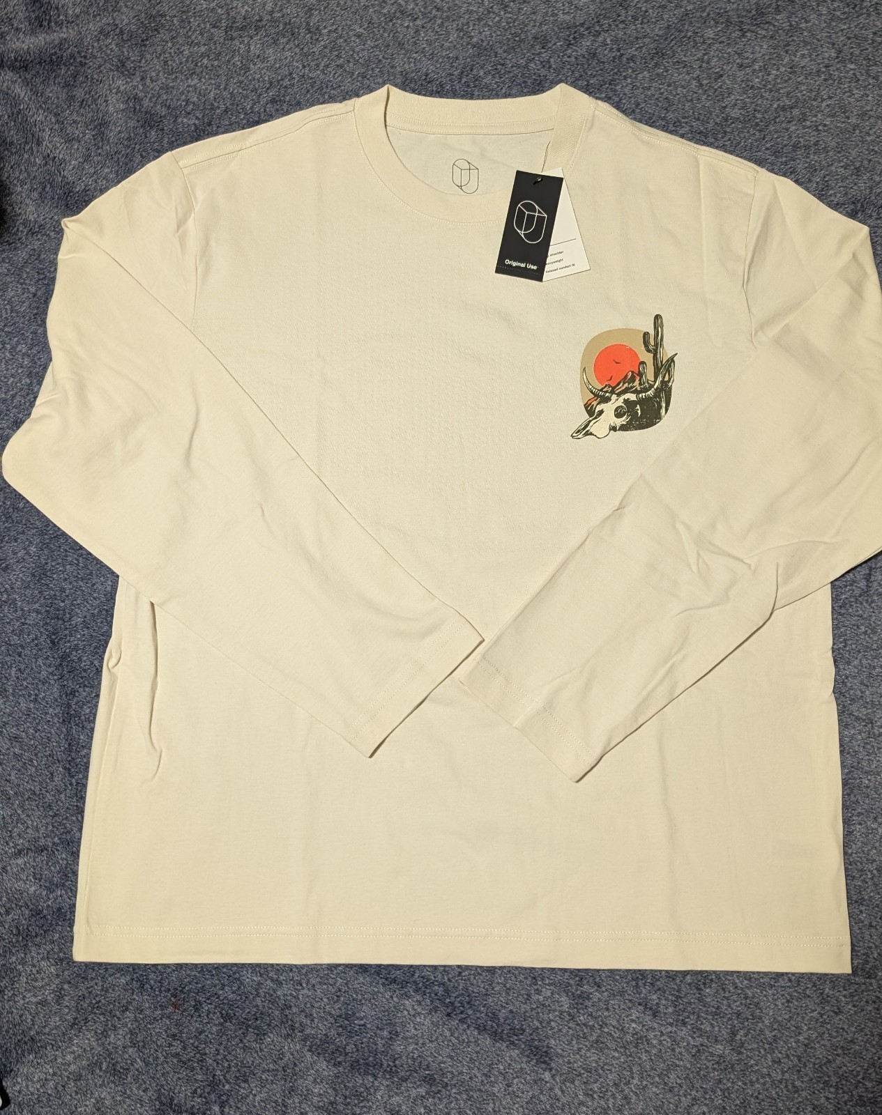 Long Sleeve Desert Graphic T Shirt Mens Cream Relaxed Fit Size Large