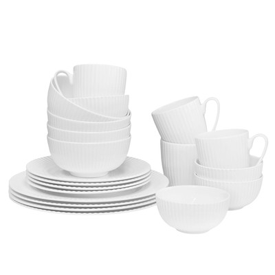 QOUTIQUE Bone China Dinnerware 20PC Set Service for 4 White Embossed stripe Micr