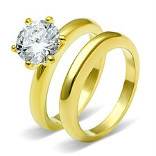 Women's Ring Set, Clear CZ, 14K Gold Plated, Stainless Steel, Bridal Set