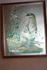 OTTER by AUDREY NORTH Vintage Framed Etched Metallic Foil Art Print 