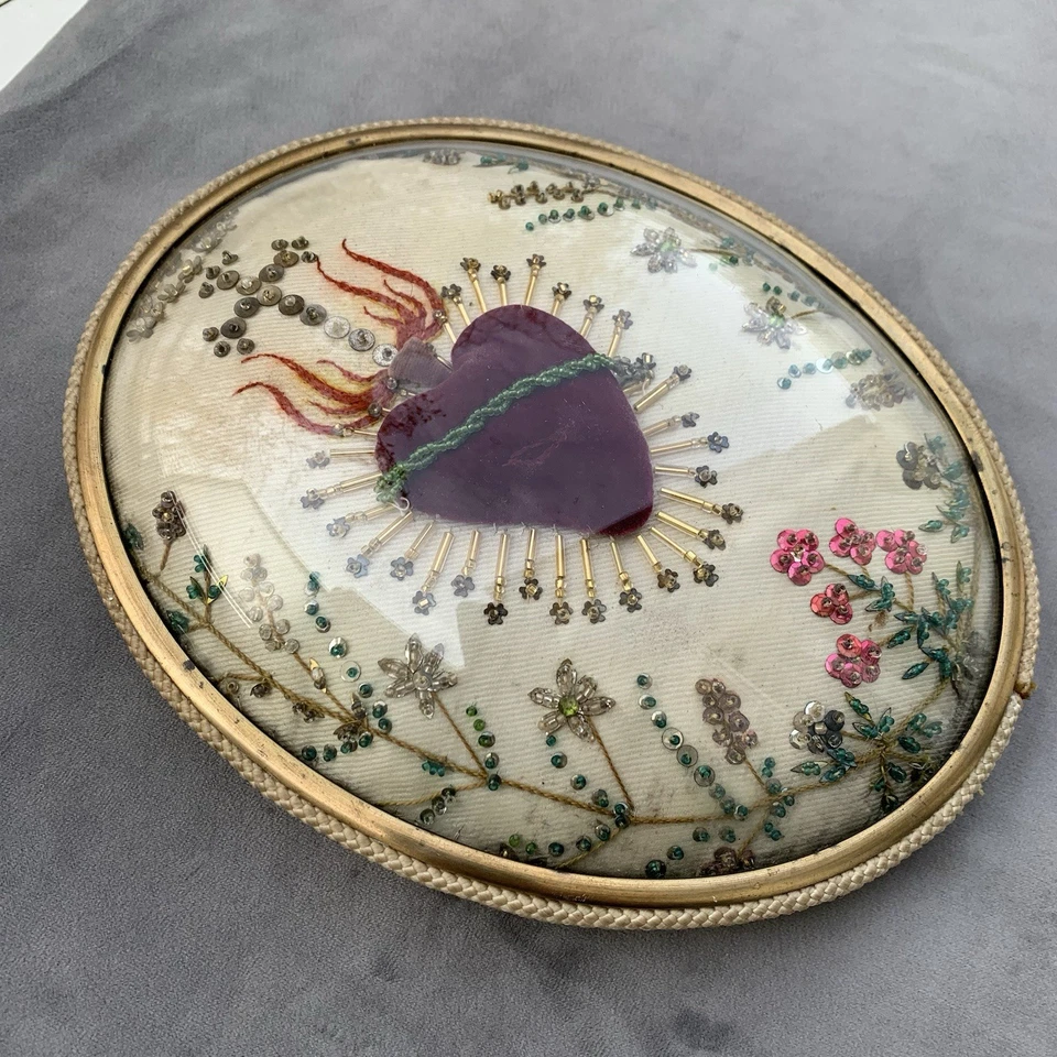 Cadre Reliquaire Sacré Coeur Velours et Sequins Verre Bombé - Photo 4/4