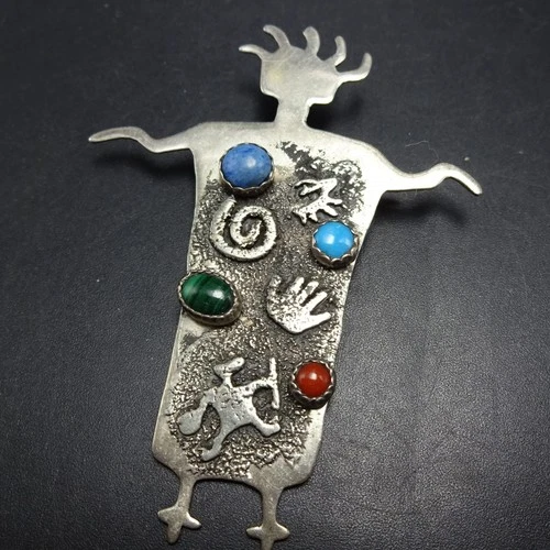 Vintage Navajo TIMM LEWIS Sterling Silver TURQUOISE CORAL Petroglyph PIN/BROOCH