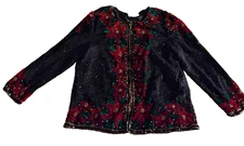 Laurence Kazar Sequin Beaded Embellished Christmas Poinsettia Sweater 2X Jacket