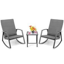 Patiojoy 3PCS Patio Rattan Rocking Chair Table Furniture Set Yard Cushion Gray
