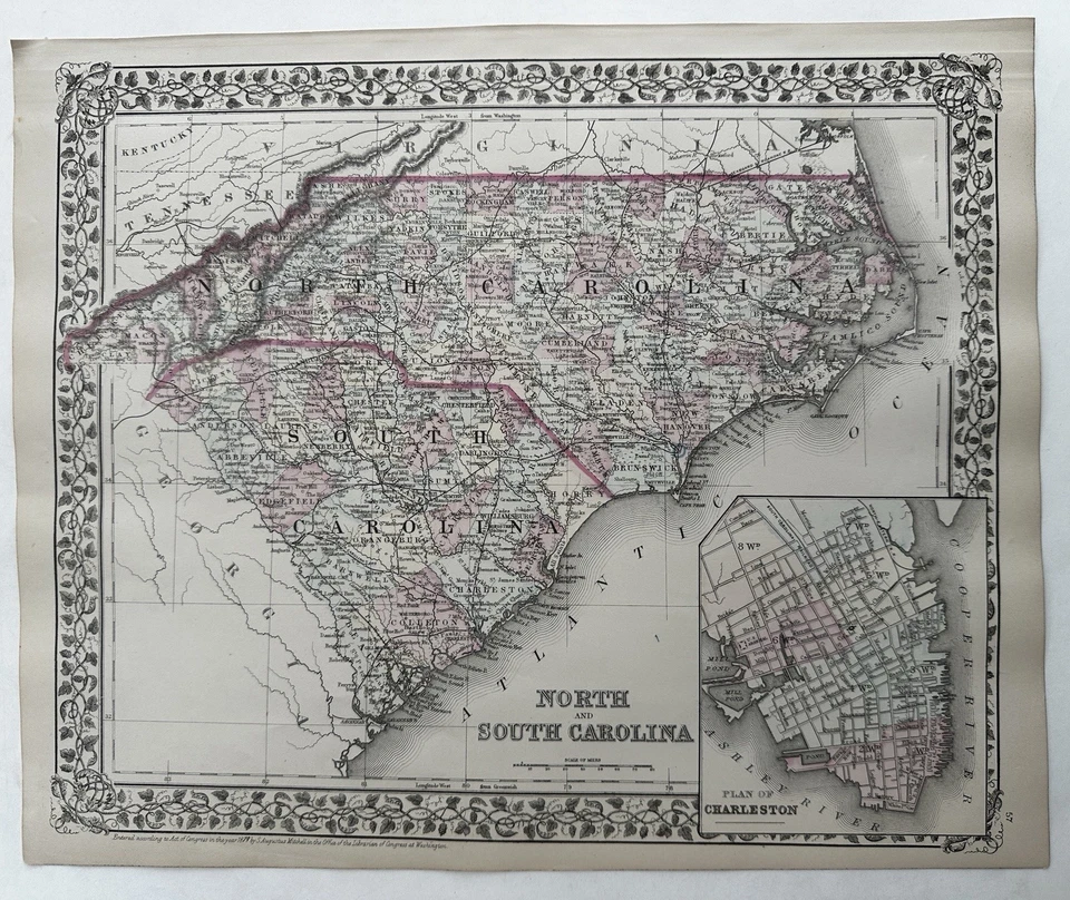 План города Северная и Южная Каролина Чарльстон 1880 Митчелл раскрашенная вручную красивая карта - Изображение 4 из 4