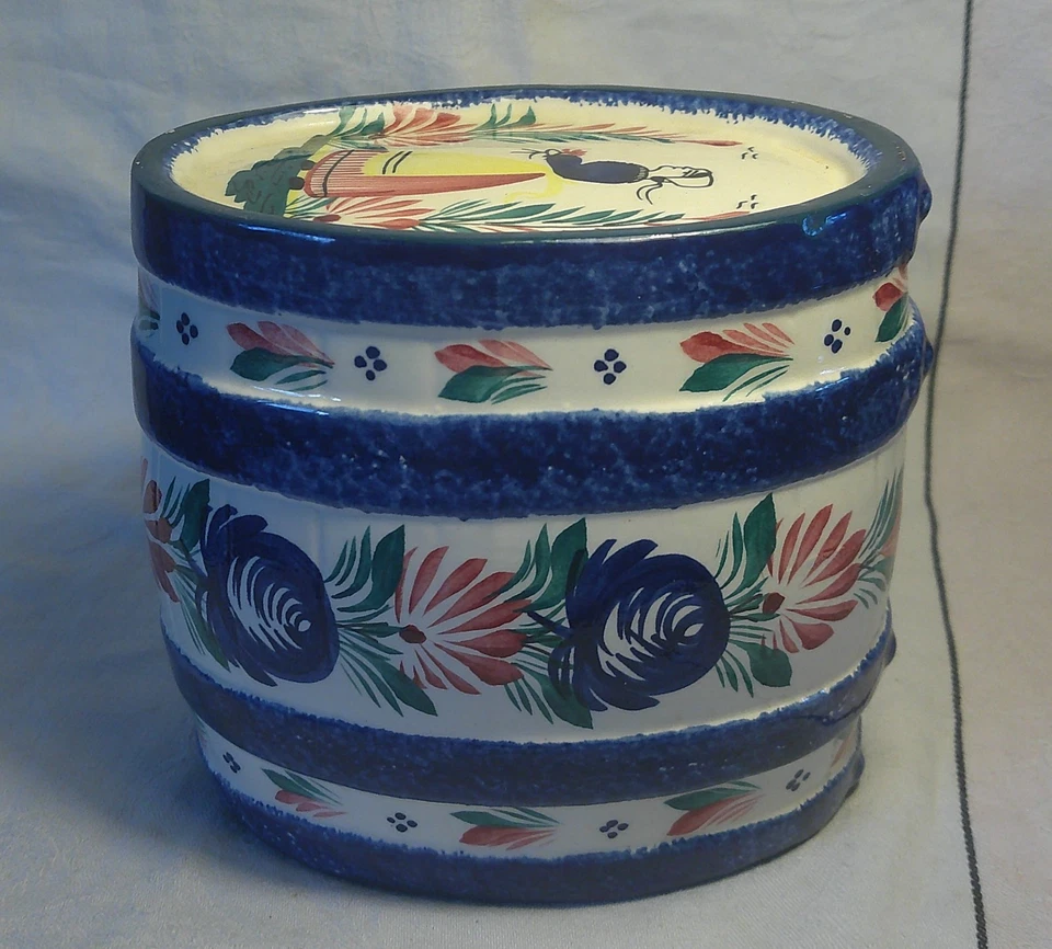Vintage Quimper Pottery Barrel Pot Lady Floral Leaves Blue No Tap - Image 2 of 4