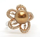 14k White Gold Rose Gold Diamond Brown Pearl Right Hand Ring Flower Size 9