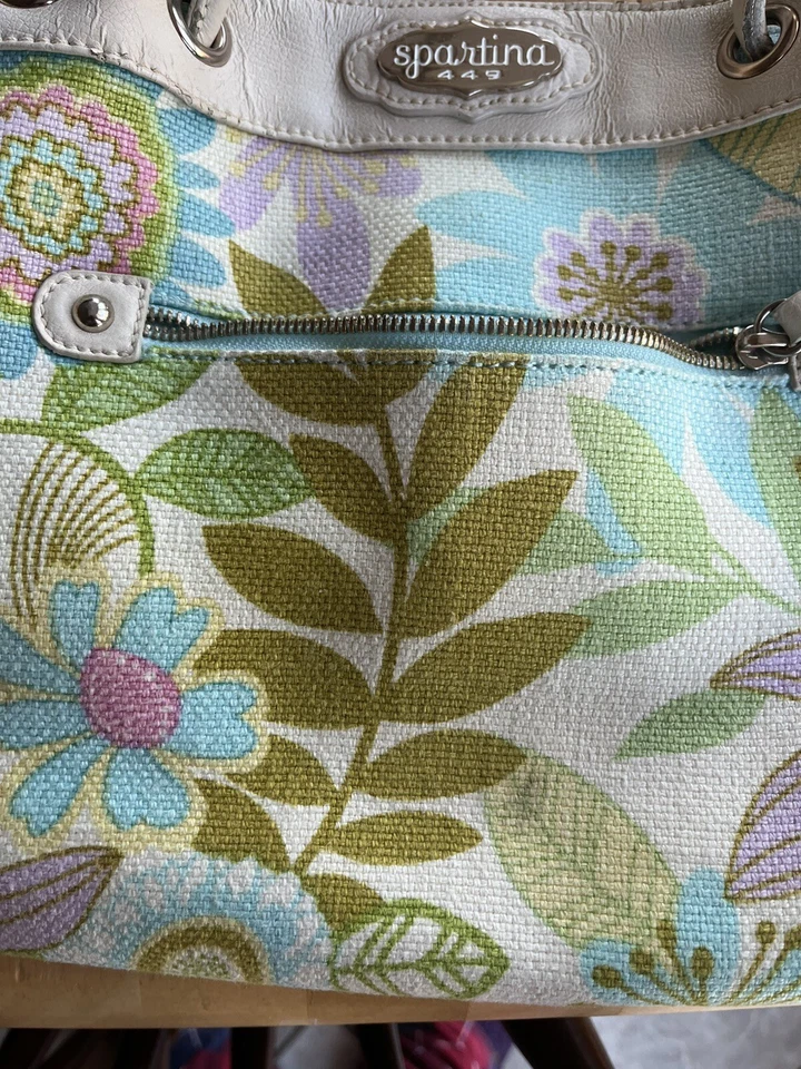 Bolso de Mano Spartina 449 Lino Cuero Correas Daufuskie Island Floral A Presión Usado en Excelente Condición Foto 3 de 4