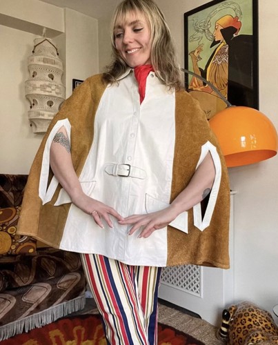 Vintage 60s tan suede & white leather belted cape Mod Scooter Carnaby Street - Picture 9 of 12