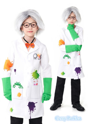 X-D1-3 Kid Mad Scientist Lab Physics Albert Einstein Costume Wig Glasses Gloves