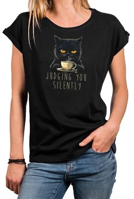 Katzenshirt Damen Lustiges Sprüche T-Shirt mit Katzenmotiv Top mit Katze Schwarz - Bild 1 von 2