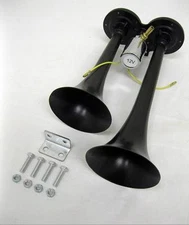 Black Metal 12V 120 DB Dual Trumpet Deep LOUD Train Air Two Horn Kit 12 Volt