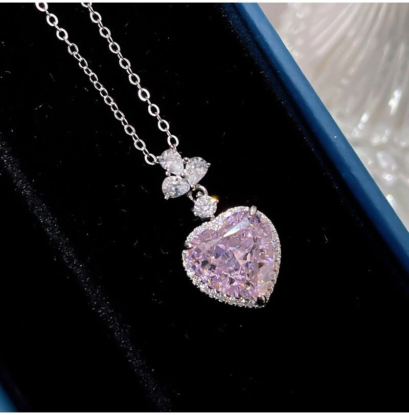 Colgante Corazón Rosa 8ct, Oro Vermeil 18K, Diamante Blanco Cultivado Laboratorio de Hielo Triturado Foto 3 de 4