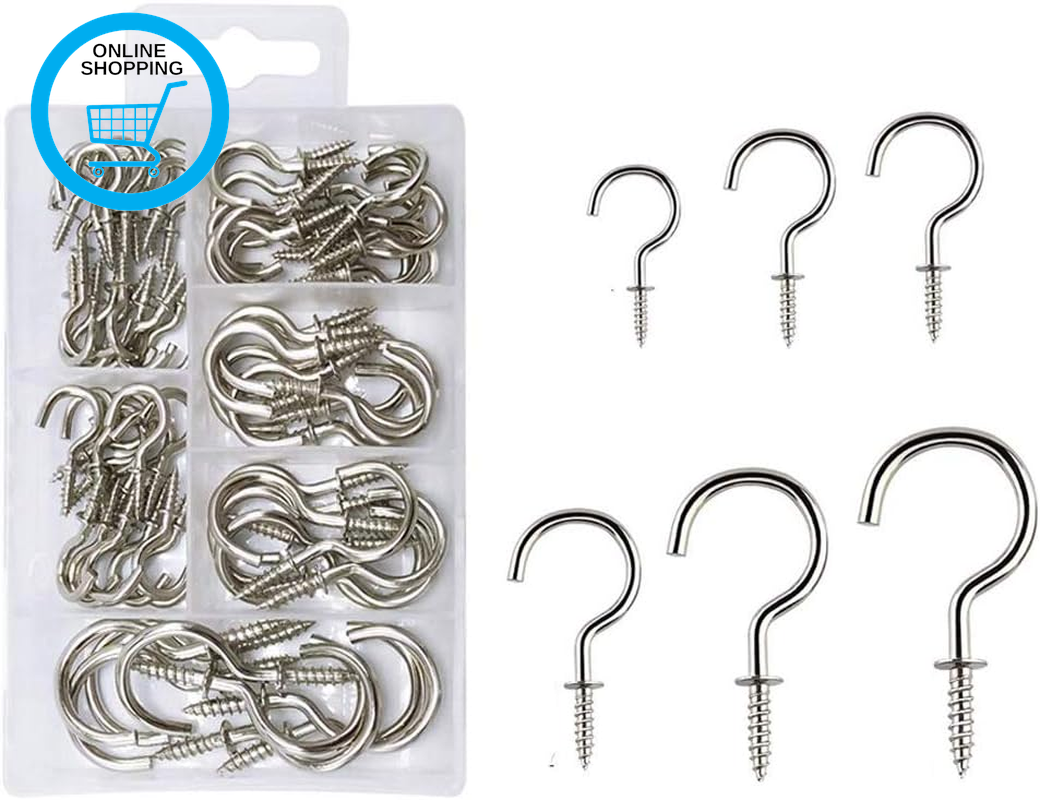 90 Pcs Screw-In Hooks, 6 Sizes Cup Hooks for Hanging Mug, Ceiling Hook Kit for K