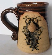 Peter Petrie Funny Face Stoneware Pottery Brown Glazed Mug Folk Art 4" 12oz 1974