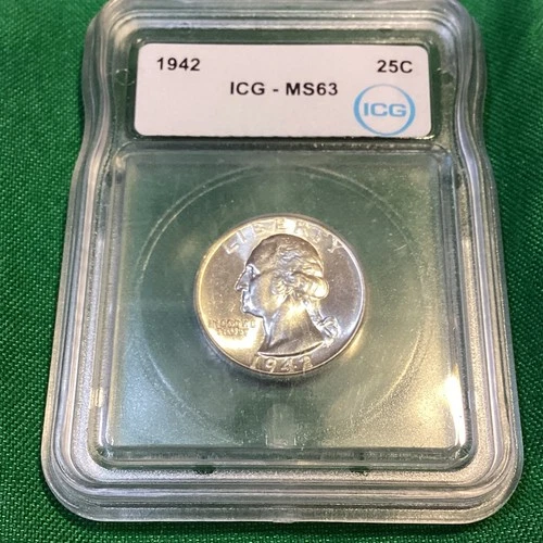 1942 Washington Quarter Dollar 25C - Graded MS63 by ICG