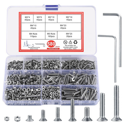 580pcs M3 M4 Flat Hex Socket Head Screws Bolts and Nuts, Metric Countersunk Bolt