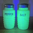 Jeanette Jadeite Ribbed Depression Era Salt and Pepper Shakers Uranium