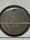 1869 Indian Head Cent, tough date, Great Details, Holed, Free shipping