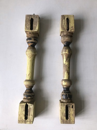 Vintage Pair Shabby Wooden Chippy Farmhouse Yellow Black Tan Spindles 11.75x1.5" - Picture 6 of 15