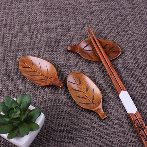 4pcs Oval Leaf-shaped Chopsticks Rests Wooden Fork and Holder Spoon Stand - Picture 3 of 12
