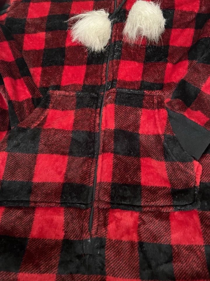 Secret Treasures Pajama OnePiece Women's L 12/14 Red Plaid Faux Fur Hoodie ST166 - Image 2 of 4
