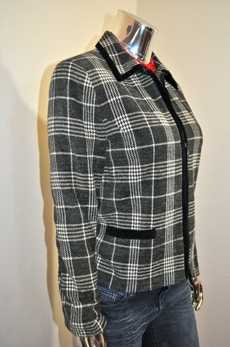 ANN TAYLOR CHAQUETA BLAZER WOL GRIS HUMO/BLANCO WOL ZIP RONT CON ADORNOS DE TERCIOPELO TALLA 4 - Imagen 3 de 10