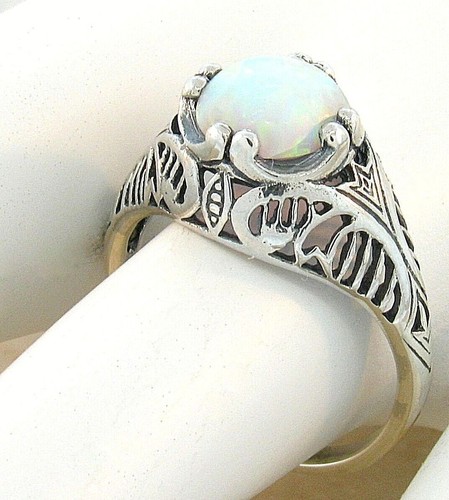 VINTAGE STYLE 925 STERLING SILVER LAB-CREATED WHITE OPAL FILIGREE RING #800 - Picture 2 of 6