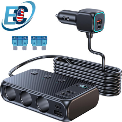 9in1 Car Cigarette Lighter Socket Splitter USB C Fast Charger 3Way Power Adapter