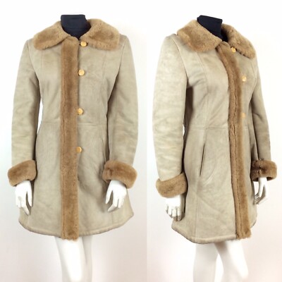 ORIGINAL VINTAGE 70er LAMMFELL SCHAFFELL CREME BEIGE MANTEL FELLBESATZ 12 14 16
