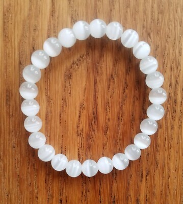 Cat's Eye Selenite 10mm Bead Stretchy Bracelet 8'', Yoga, Power Bracelet, REIKI