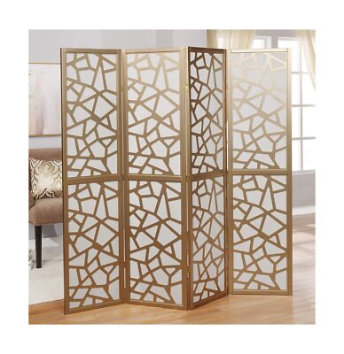 Roundhill Furniture Giyano 4 Panel Screen Room Divider, Gold