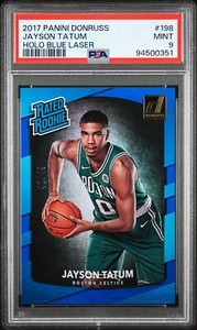 2017-18 Panini Donruss Jayson Tatum 198 Rated Rookie Holo Blue Laser 42/49 PSA 9