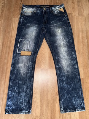 Heritage America Blue Denim Jeans Distressed Bleach Wash Raw Hip Hop 34-32