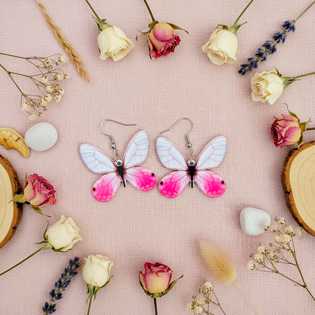 pink white butterfly resin dangle drop hook earrings lobe animals insects theme