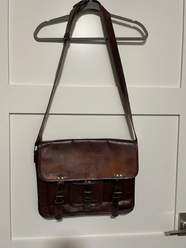 Vintage Original Sun Distressed Leather Satchel Messenger Bag Briefcase 15x11 in - Image 2 of 4