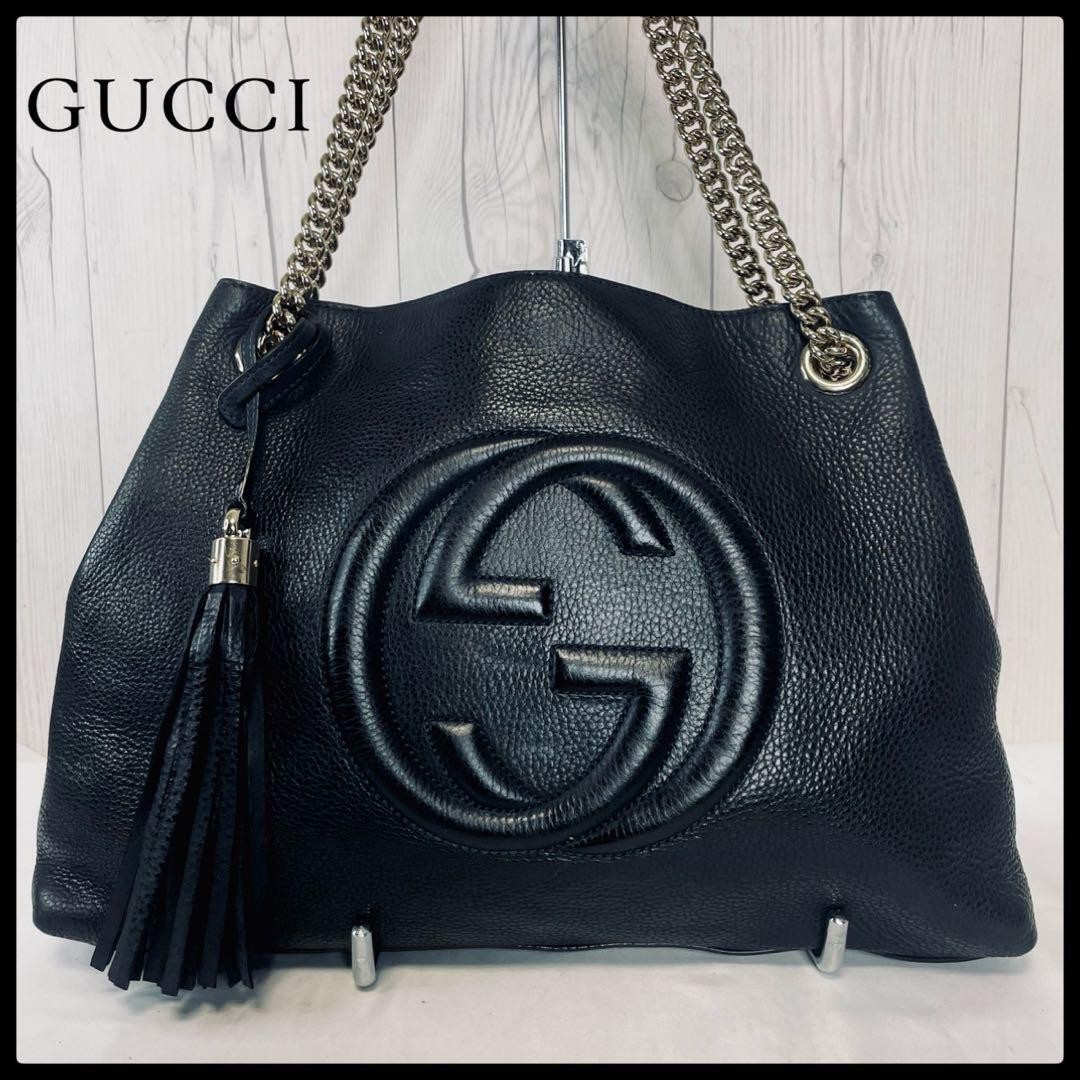 GUCCI Chain Shoulder Bag Black Soho Interlocking 2way GG Leather