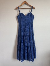 Farm Rio Palm Tree Richilier Eyelet Tiered Maxi Dress in Deep Blue Size Small