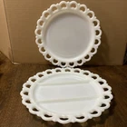 Set of 2 VTG Milk Glass Platters Open Lace Edge 12.5” Round (1 Divided, 1 Plain)