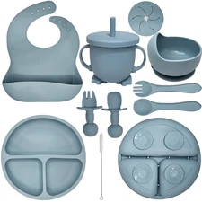 10 Piece Silicone Baby Feeding Set with Bib, Cup, Divided Plate, Bowl, and Self-