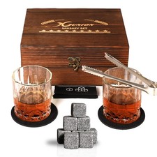 Whiskey Stones Gift Set 2 Bourbon Glasses 8 Granite Rocks Tongs for Men