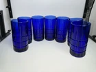 LOT OF 7-Vintage Anchor Hocking TARTAN PLAID Cobalt Blue Glasses