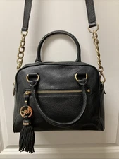 Michael Kors Satchel Crossbody Bag Knox Tassel Black Pebbled Purse Handbag Gold