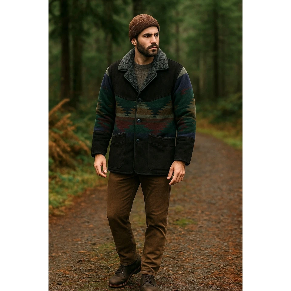 Scully M Vintage Southwestern Jacket Suede & Wool Aztec Western Coat Sherpa 40 - Image 3 of 4