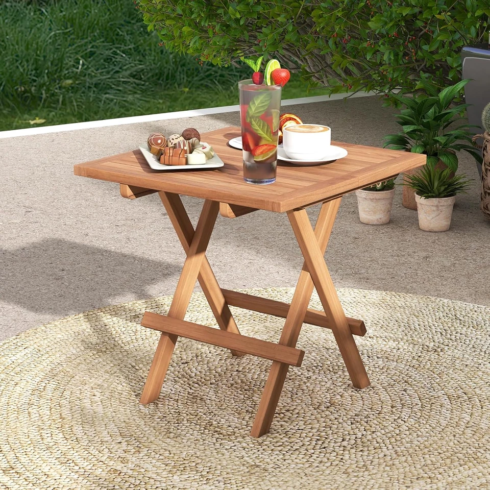 Patio Folding Side Table, Teak Wood Square End Table with Slatted Tabl - Image 4 of 4