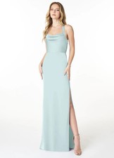 Azazie Myla Sheath Cowl Keyhole Stretch Satin Dress Size 2 Sea Glass NWT